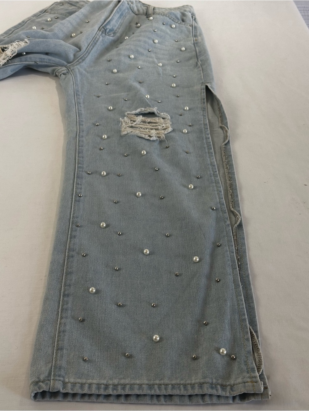 Y2K Pearl Studded Wide Leg Jeans Light Wash Distressed Split Hem Denim Pants - Picture 15 of 16